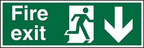 Fire Exit Sign Man and Arrow Down 450x150mm Self-adhesive Vinyl SP124SAV