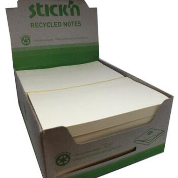 Eco-friendly recycled sticky notes in vibrant yellow measuring 3x5 inches perfect for jotting down reminders and notes. Each pack contains 12 pads with 100 sheets each ideal for sustainable office supplies.