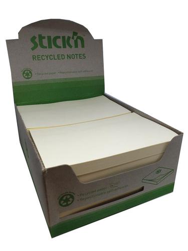 Eco-friendly recycled sticky notes in vibrant yellow measuring 3x5 inches perfect for jotting down reminders and notes. Each pack contains 12 pads with 100 sheets each ideal for sustainable office supplies.