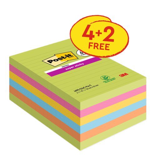 3M Post-it Super Sticky Large Notes Lined 101x152mm Assorted 7100263461 - Pack 4+2