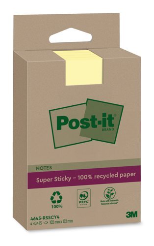 3M Post-it Super Sticky Notes Recycled Yellow Lined 102x152mm 7100321347 - Pack 4