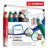 STABILO MARKdry 4 Assorted Colours Drywipe Whiteboard Marker Pencils (+Sharpener & Cloth) 648 4-5 - Fusion Office UK