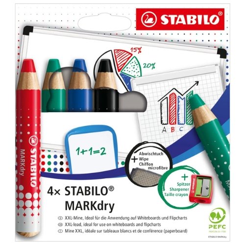 STABILO MARKdry 4 Assorted Colours Drywipe Whiteboard Marker Pencils (+Sharpener & Cloth) 648 4-5 - Fusion Office UK