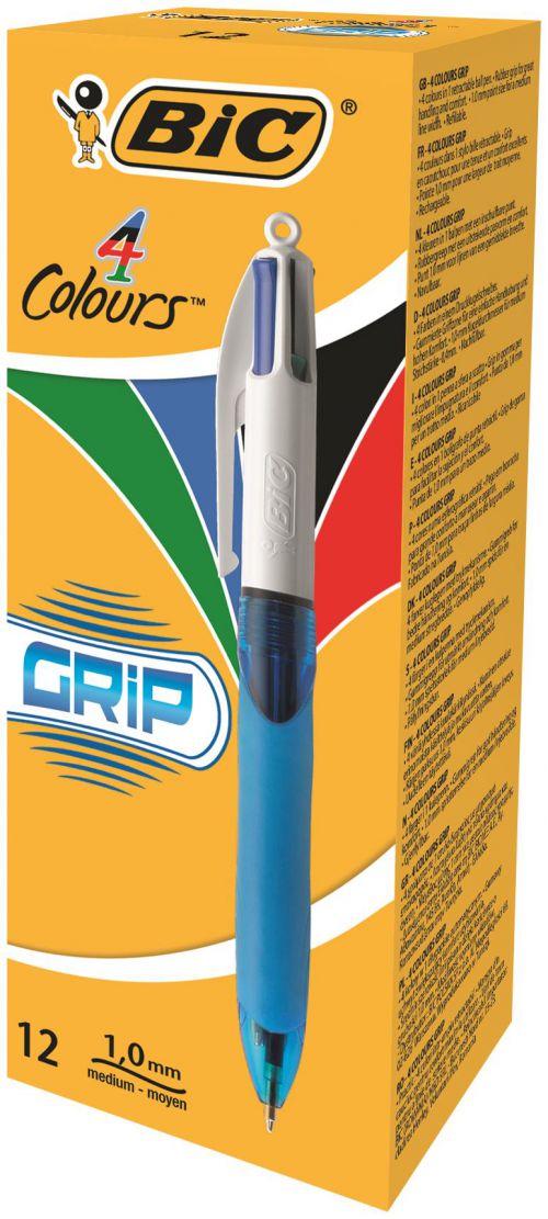 Bic 4-Colours Comfort Grip Ballpoint Pens Blue/White Barrel 8871361 - Pack 12