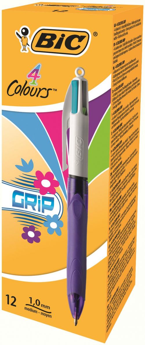 Bic 4-Colours Grip Fashion Ballpoint Pens Purple Barrel 8922901 - Pack 12