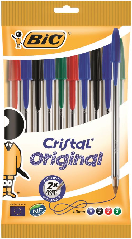 Bic Cristal Ballpoint Pens Black Blue Green Red 516354 - Pack 10