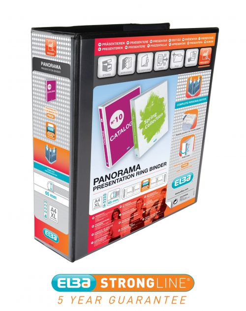 Elba Panorama Presentation Ring Binders 65mm A4+ 4 D-Ring Black 400008442 - Pack 4