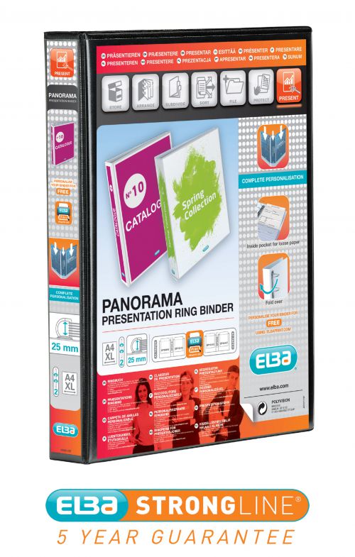 Elba Panorama Presentation Ring Binders A4+ 2 D-Ring Black 400008411 - Pack 6