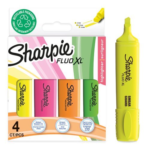 Sharpie Fluo XL Highlighters Chisel Tip Assorted Colours 2190473 - Pack 4