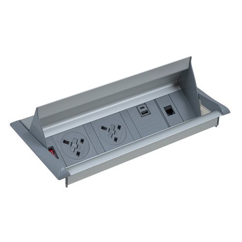Aero fliptop in-table power module x UK sockets 1 x RJ45 socket 1 x twin USB fast charge grey/silver - APD2PINF/1S/1D/1T-K