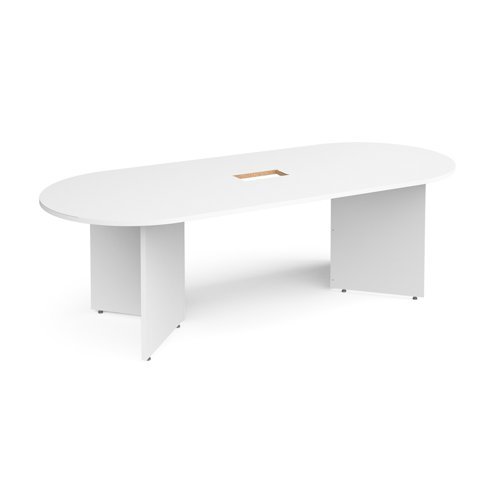 Arrow head leg radial end boardroom table 2400mm x 1000mm with central cutout 272mm x 132mm white - EB24-CO-WH