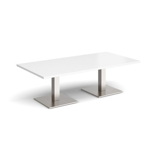 Brescia rectangular coffee table with flat square brushed steel bases 1600mm x 800mm white - BCR1600-BS-WH