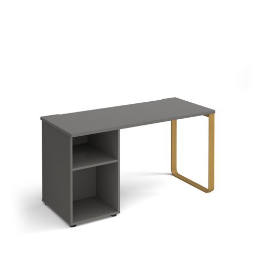 Cairo straight desk 1400mm x 600mm with sleigh frame leg and support pedestal brass frame grey top - CR614P-OG