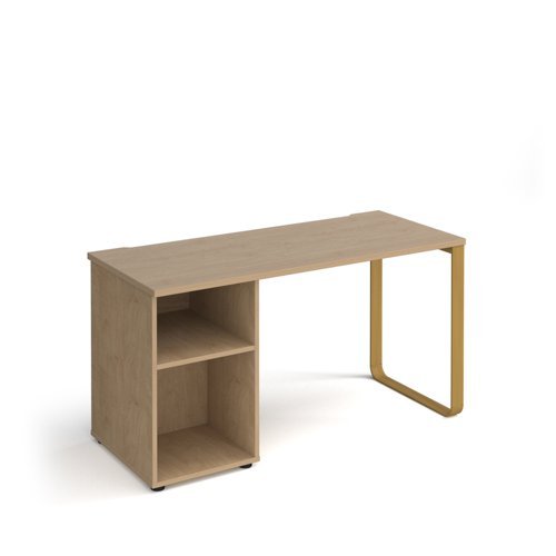 Cairo straight desk 1400mm x 600mm with sleigh frame leg and support pedestal brass frame oak top - CR614P-KO