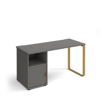 Cairo straight desk 1400mm x 600mm with sleigh frame leg and support pedestal with cupboard door brass frame grey finish with grey door - CR614P-C-OG-OG