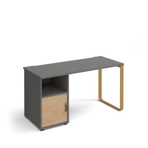 Cairo straight desk 1400mm x 600mm with sleigh frame leg and support pedestal with cupboard door brass frame grey finish with oak door - CR614P-C-OG-KO