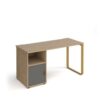 Cairo straight desk 1400mm x 600mm with sleigh frame leg and support pedestal with cupboard door brass frame oak finish with grey door - CR614P-C-KO-OG