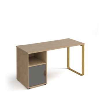 Cairo straight desk 1400mm x 600mm with sleigh frame leg and support pedestal with cupboard door brass frame oak finish with grey door - CR614P-C-KO-OG