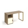 Cairo straight desk 1400mm x 600mm with sleigh frame leg and support pedestal with cupboard door brass frame oak finish with white door - CR614P-C-KO-WH