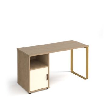 Cairo straight desk 1400mm x 600mm with sleigh frame leg and support pedestal with cupboard door brass frame oak finish with white door - CR614P-C-KO-WH