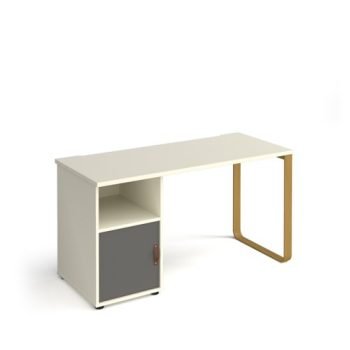 Cairo straight desk 1400mm x 600mm with sleigh frame leg and support pedestal with cupboard door brass frame white finish with grey door - CR614P-C-WH-OG