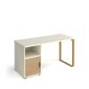 Cairo straight desk 1400mm x 600mm with sleigh frame leg and support pedestal with cupboard door brass frame white finish with oak door - CR614P-C-WH-KO
