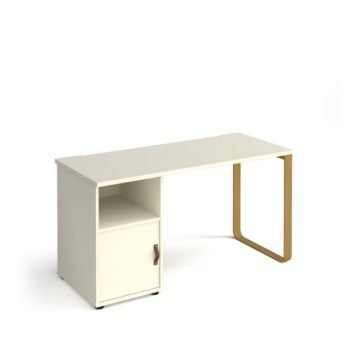 Cairo straight desk 1400mm x 600mm with sleigh frame leg and support pedestal with cupboard door brass frame white finish with white door - CR614P-C-WH-WH
