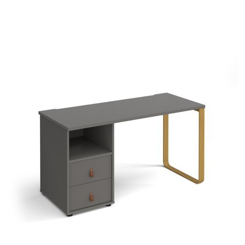 Cairo straight desk 1400mm x 600mm with sleigh frame leg and support pedestal with drawers brass frame grey finish with grey drawers - CR614P-D-OG-OG