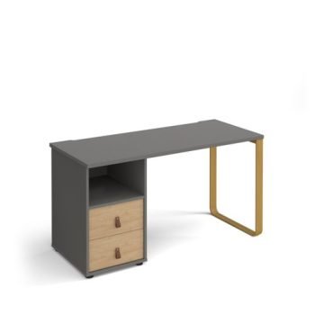 Cairo straight desk 1400mm x 600mm with sleigh frame leg and support pedestal with drawers brass frame grey finish with oak drawers - CR614P-D-OG-KO