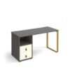 Cairo straight desk 1400mm x 600mm with sleigh frame leg and support pedestal with drawers brass frame grey finish with white drawers - CR614P-D-OG-WH