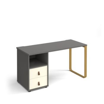 Cairo straight desk 1400mm x 600mm with sleigh frame leg and support pedestal with drawers brass frame grey finish with white drawers - CR614P-D-OG-WH