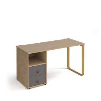 Cairo straight desk 1400mm x 600mm with sleigh frame leg and support pedestal with drawers brass frame oak finish with grey drawers - CR614P-D-KO-OG