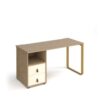 Cairo straight desk 1400mm x 600mm with sleigh frame leg and support pedestal with drawers brass frame oak finish with white drawers - CR614P-D-KO-WH