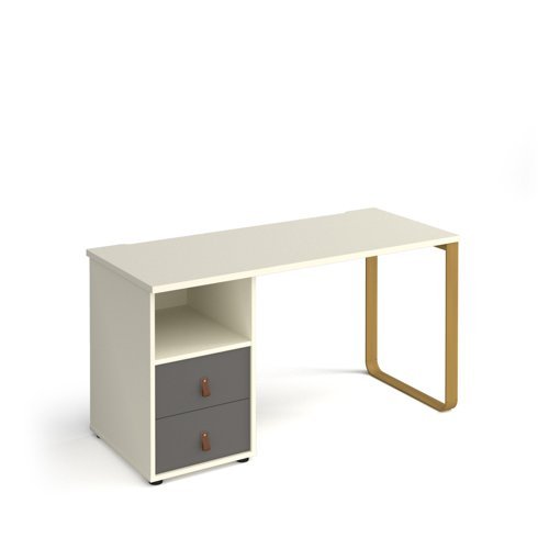Cairo straight desk 1400mm x 600mm with sleigh frame leg and support pedestal with drawers brass frame white finish with grey drawers - CR614P-D-WH-OG