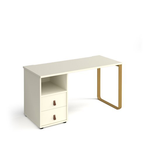 Cairo straight desk 1400mm x 600mm with sleigh frame leg and support pedestal with drawers brass frame white finish with white drawers - CR614P-D-WH-WH