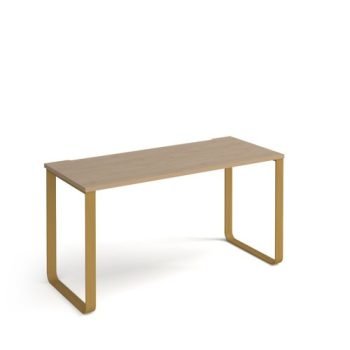 Cairo straight desk 1400mm x 600mm with sleigh frame legs brass frame oak top - CR614-KO