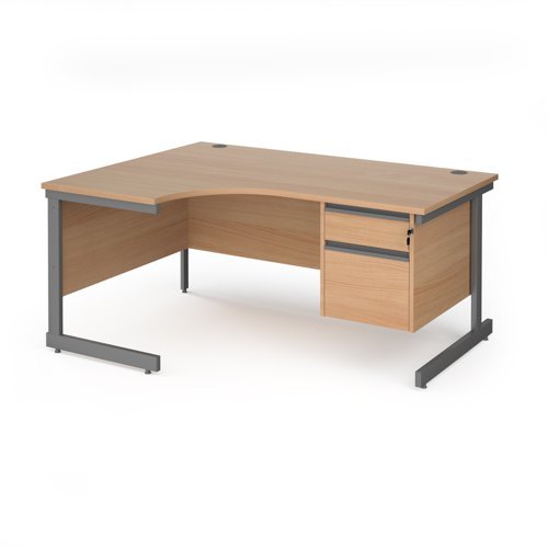 Contract 25 left hand ergonomic desk with 2 drawer pedestal and graphite cantilever leg 1600mm beech top - CC16EL2-G-B