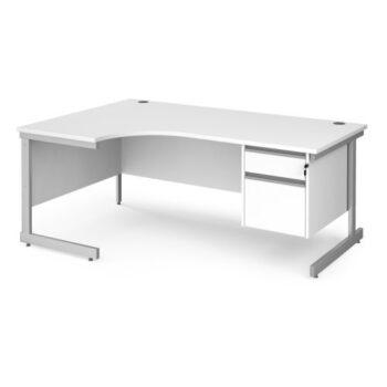 Contract 25 left hand ergonomic desk with 2 drawer pedestal and silver cantilever leg 1800mm white top - CC18EL2-S-WH