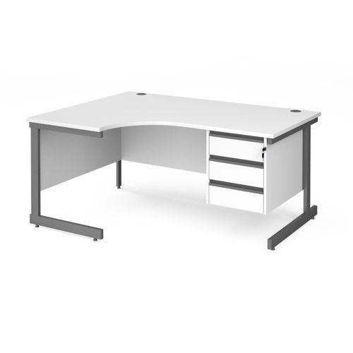 Contract 25 left hand ergonomic desk with 3 drawer pedestal and graphite cantilever leg 1600mm white top - CC16EL3-G-WH