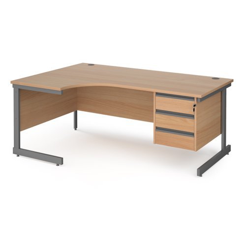 Contract 25 left hand ergonomic desk with 3 drawer pedestal and graphite cantilever leg 1800mm beech top - CC18EL3-G-B