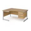 Contract 25 left hand ergonomic desk with 3 drawer pedestal and silver cantilever leg 1600mm oak top - CC16EL3-S-O