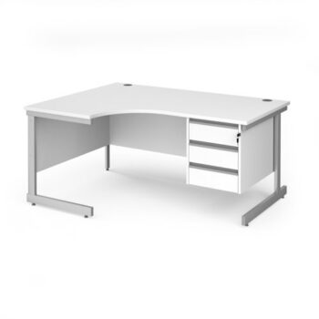 Contract 25 left hand ergonomic desk with 3 drawer pedestal and silver cantilever leg 1600mm white top - CC16EL3-S-WH