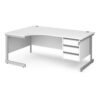 Contract 25 left hand ergonomic desk with 3 drawer pedestal and silver cantilever leg 1800mm white top - CC18EL3-S-WH