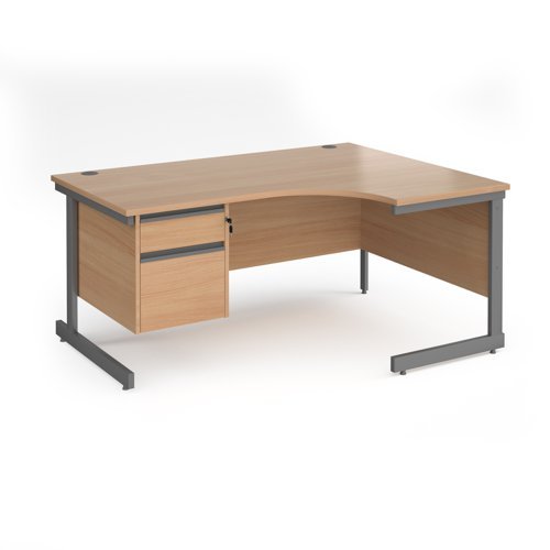 Contract 25 right hand ergonomic desk with 2 drawer pedestal and graphite cantilever leg 1600mm beech top - CC16ER2-G-B