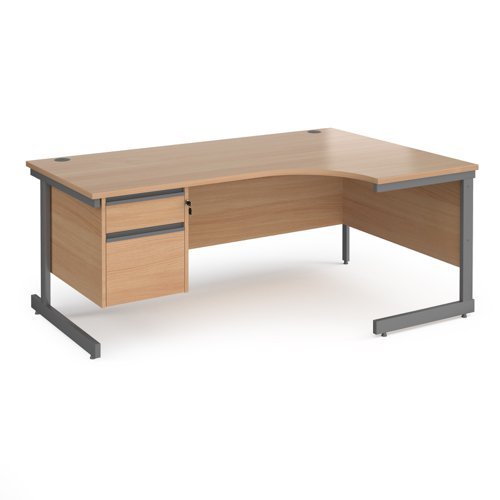 Contract 25 right hand ergonomic desk with 2 drawer pedestal and graphite cantilever leg 1800mm beech top - CC18ER2-G-B