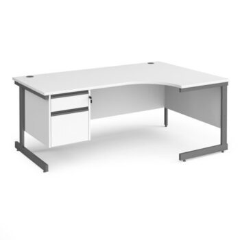 Contract 25 right hand ergonomic desk with 2 drawer pedestal and graphite cantilever leg 1800mm white top - CC18ER2-G-WH
