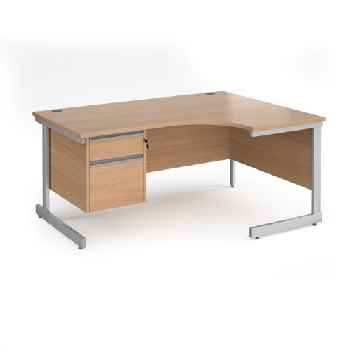 Contract 25 right hand ergonomic desk with 2 drawer pedestal and silver cantilever leg 1600mm beech top - CC16ER2-S-B