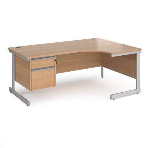 Contract 25 right hand ergonomic desk with 2 drawer pedestal and silver cantilever leg 1800mm beech top - CC18ER2-S-B