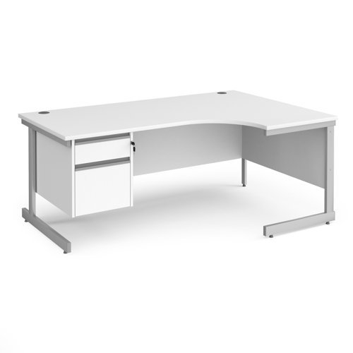 Contract 25 right hand ergonomic desk with 2 drawer pedestal and silver cantilever leg 1800mm white top - CC18ER2-S-WH