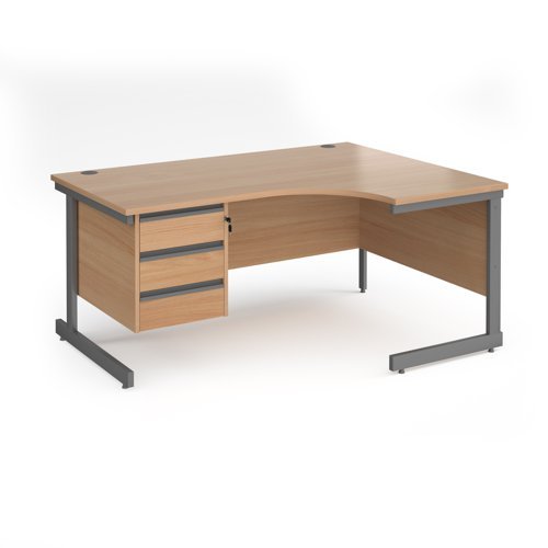 Contract 25 right hand ergonomic desk with 3 drawer pedestal and graphite cantilever leg 1600mm beech top - CC16ER3-G-B